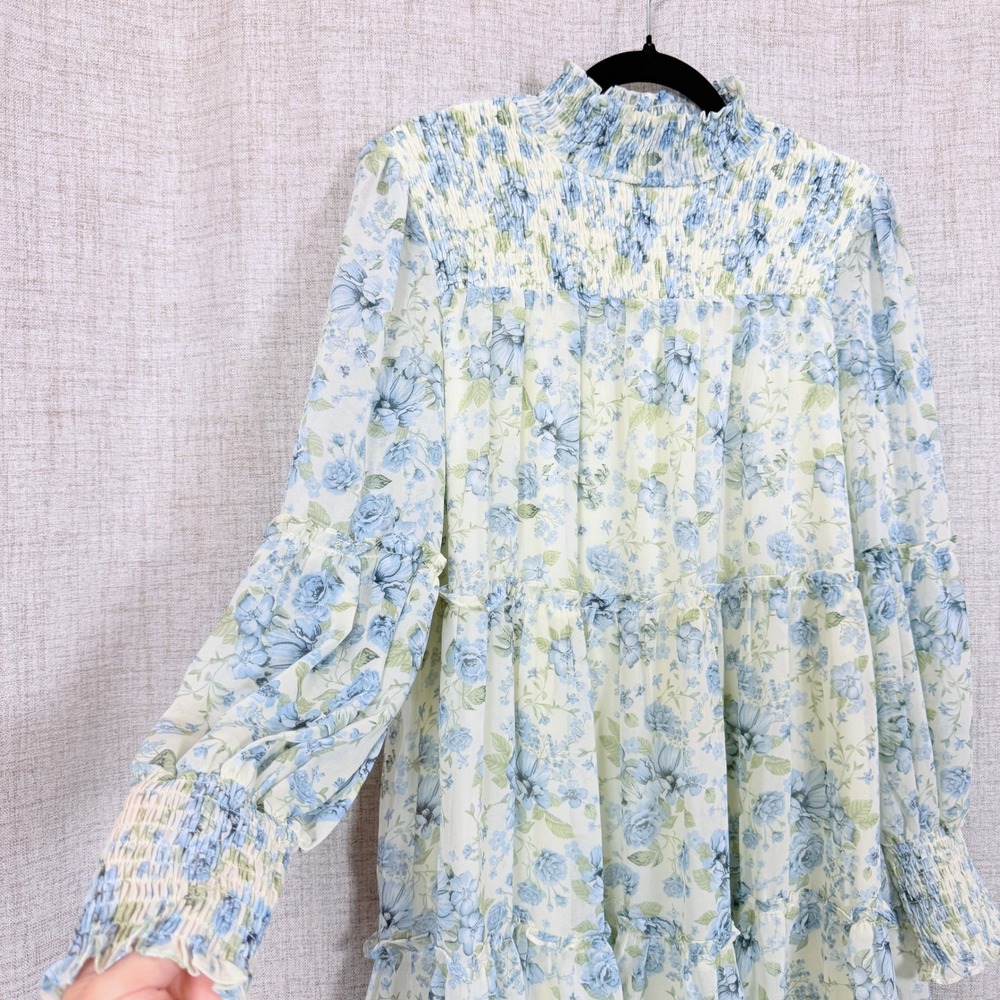 Storia Cottagecore Floral Tiered Mini Dress S Babydoll Sheer Fairy Boho Coquette - Picture 3 of 9